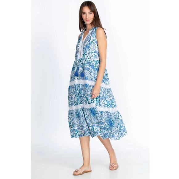 Johnny Was Aster Tiered Midi Dress White Blue Floral XL 100% Linen Boho - Picture 2 of 12